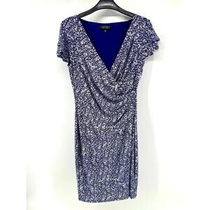Lauren Ralph Lauren Size 4 Blue White Floral Short Sleeve Faux Wrap Dress